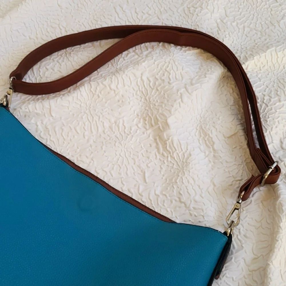 Turquoise & Brown Convertible Pebble Faux Leather Hobo Shoulder Bag, 16